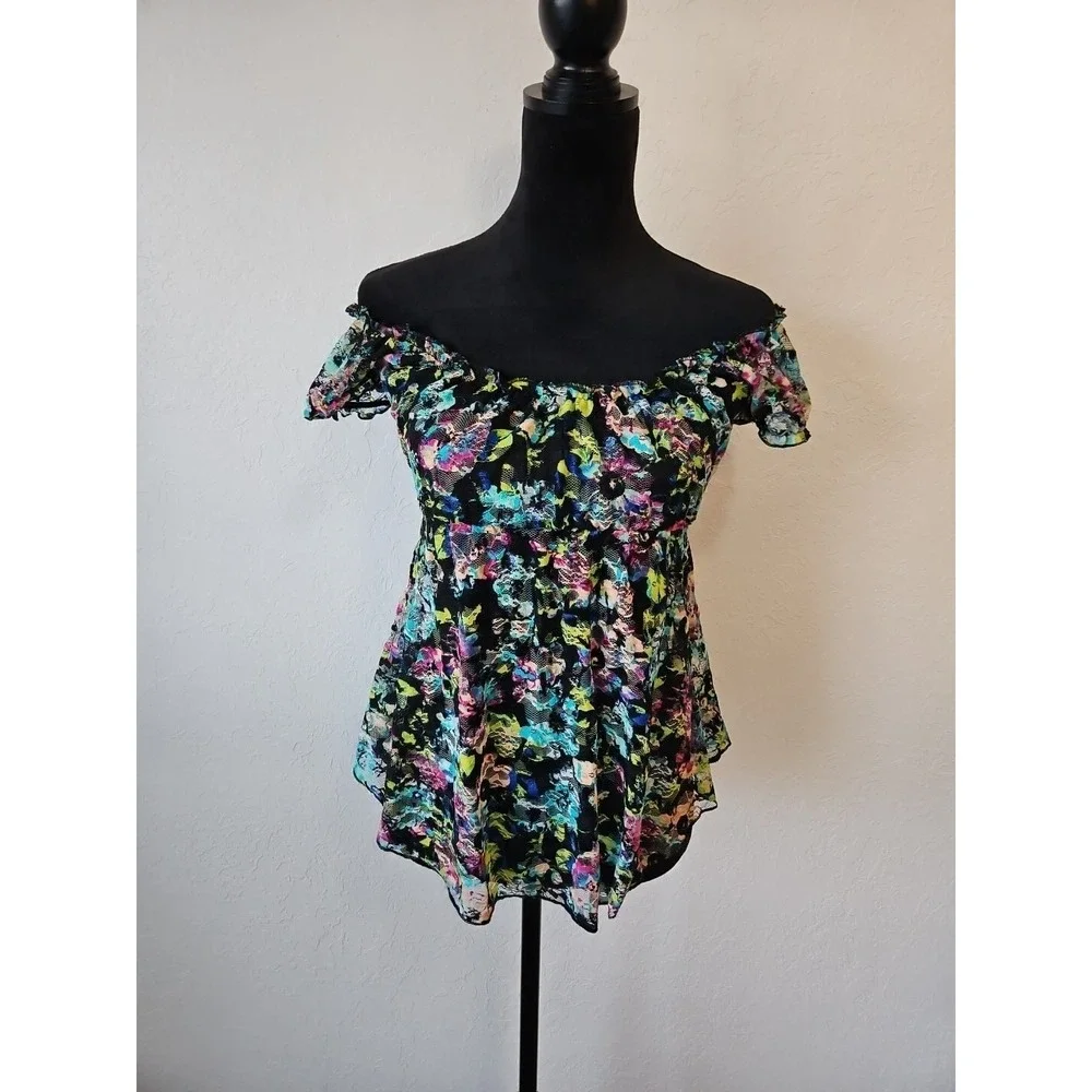 Almost Famous Sz Small Y2k Babydoll Sheer Blouse Floral whimsigoth fairygrunge - Picture 2 of 10
